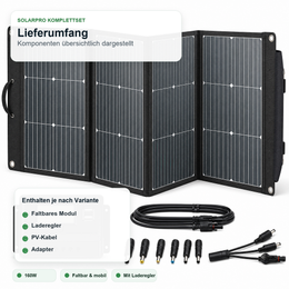 DOKIO 160W Faltbares Solar-Kit für Camping & Wohnmobil - Lieferumfang