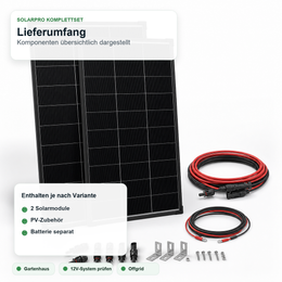 DOKIO 200W Solarpanel Set für 12V Batterie & Gartenhaus - Lieferumfang