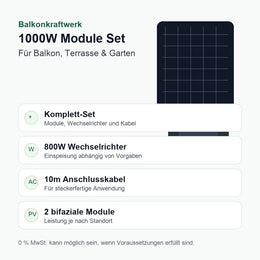 Solakon 1000W Balkonkraftwerk Komplettset mit 10m Anschlusskabel - Infografik mit technischen Eckdaten
