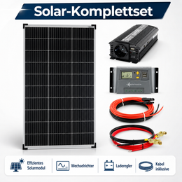 SolarPro Produktbild 01 - Solar-Komplettset mit Modul, Wechselrichter, Laderegler und Kabeln